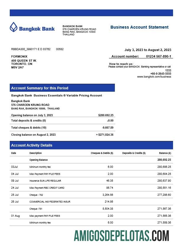 Extrato de conta corrente corporativa do Realista Bangkok Bank modelo Word e PDF